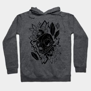 Cat skull, crystals, and peonies in black Hoodie